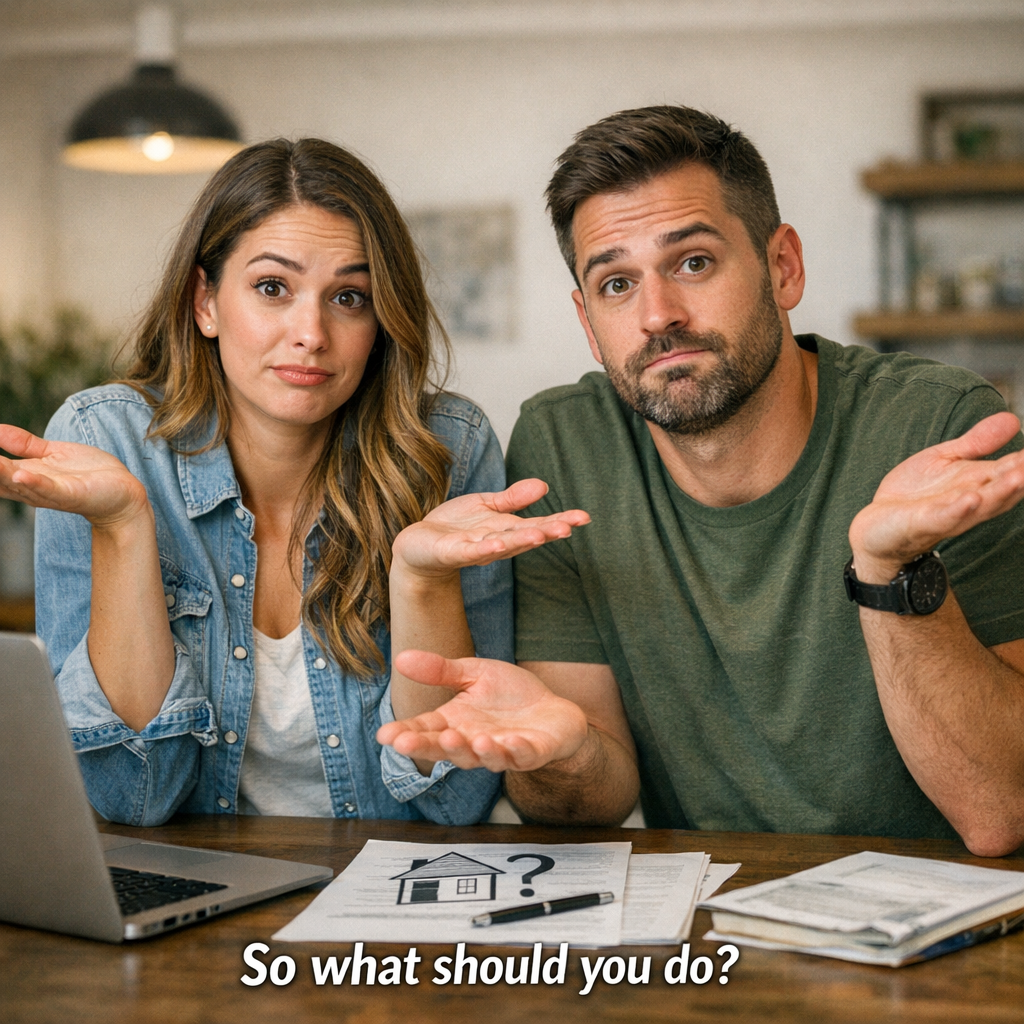 photographic So what should you do a young mother and father have their arms raised in the style of what do we do they are trying to work out how to-1