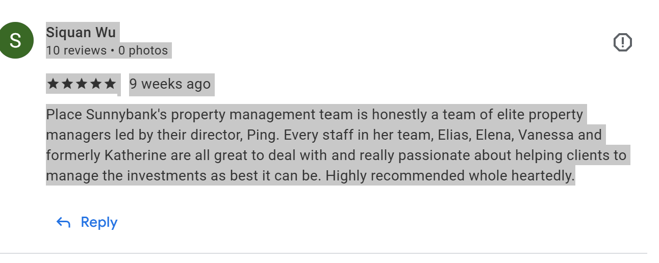 Place Sunnybank testimonial - property management Google 3