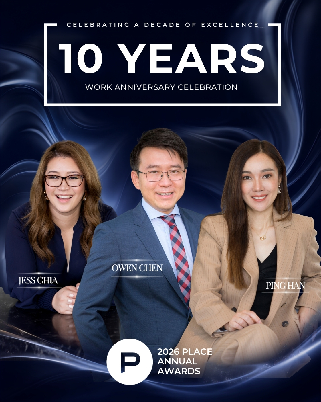 Place Sunnybank team members Owen Chen, Ping Han and Jess Chia recognised for 10 years of service at the 2026 Place Annual Awards